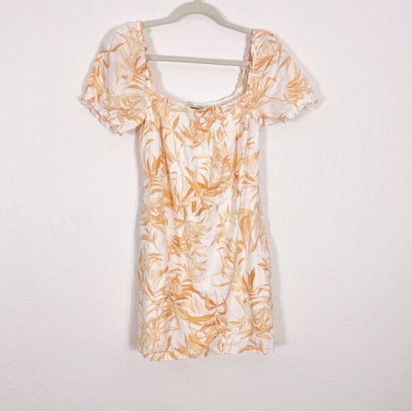 Abercrombie & Fitch White with Orange Leaf Print Short Sleeve Linen Blend Dress - Picture 1 of 7